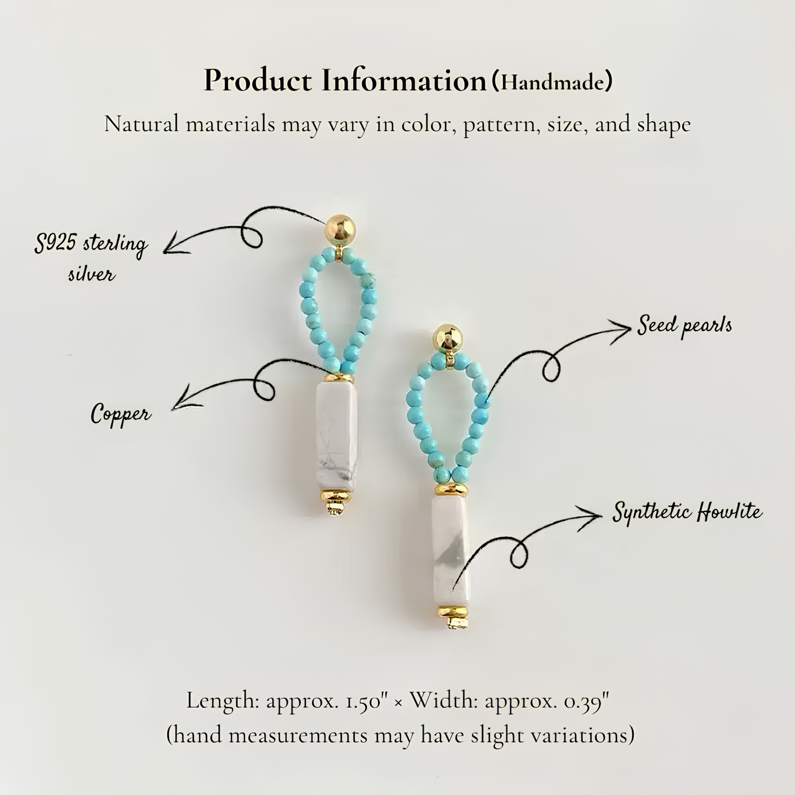 Otterware - Vente Boucles d'oreilles pendantes - Boucles d'oreilles créoles en perles de semence : goutte en howlite, tige en argent sterling2