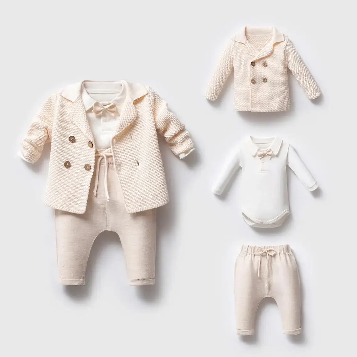 Nipperland - Wholesale Kledingset - Baby - Gebreid Baby Jongens Outfit – Katoenen Linnen Broekenset met Strikje0