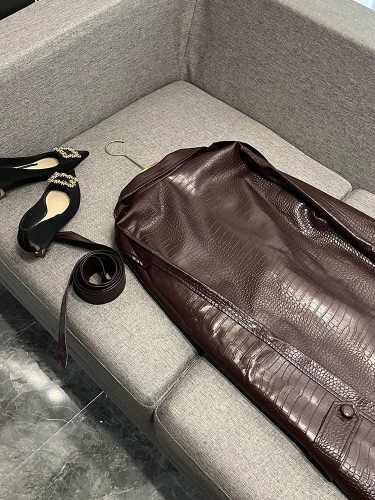 Couleur comme sur les photos Manteau long à lacets en similicuir motif crocodile SY391 en vente sur Faire9