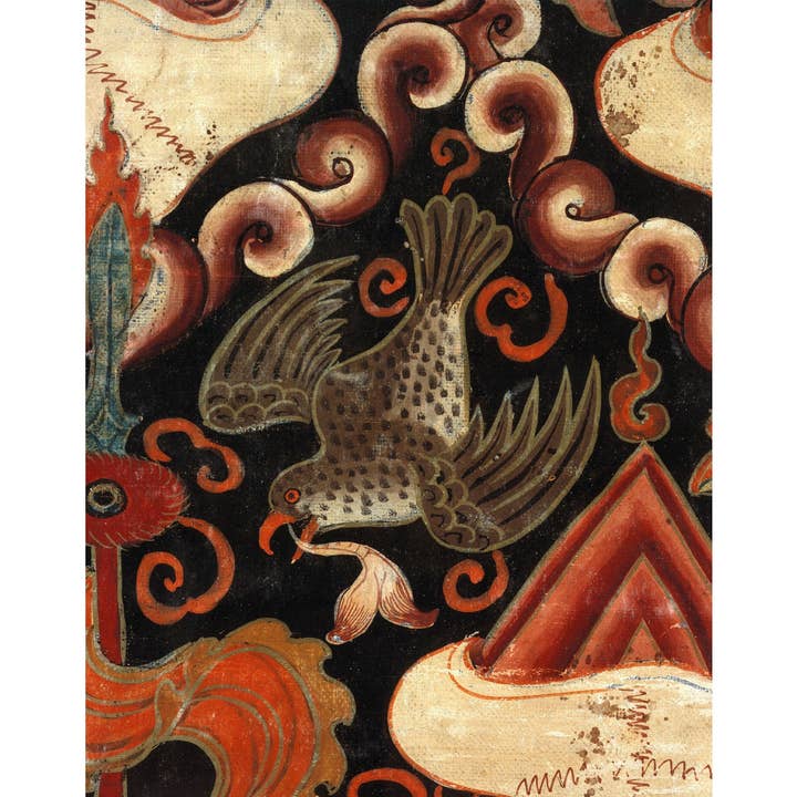 Colorful vintage bird | Tibetan painting | Antique Buddhist print | Spiritual bird | Ryan Tshogs banner | Animal wall art | Eastern art for wholesale by Rock Paper Scissors Wall Art
