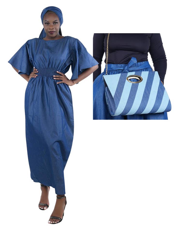 Denim Long Maxi Dress Bell Sleeves | One Size for wholesale by Satsuma Wholesale