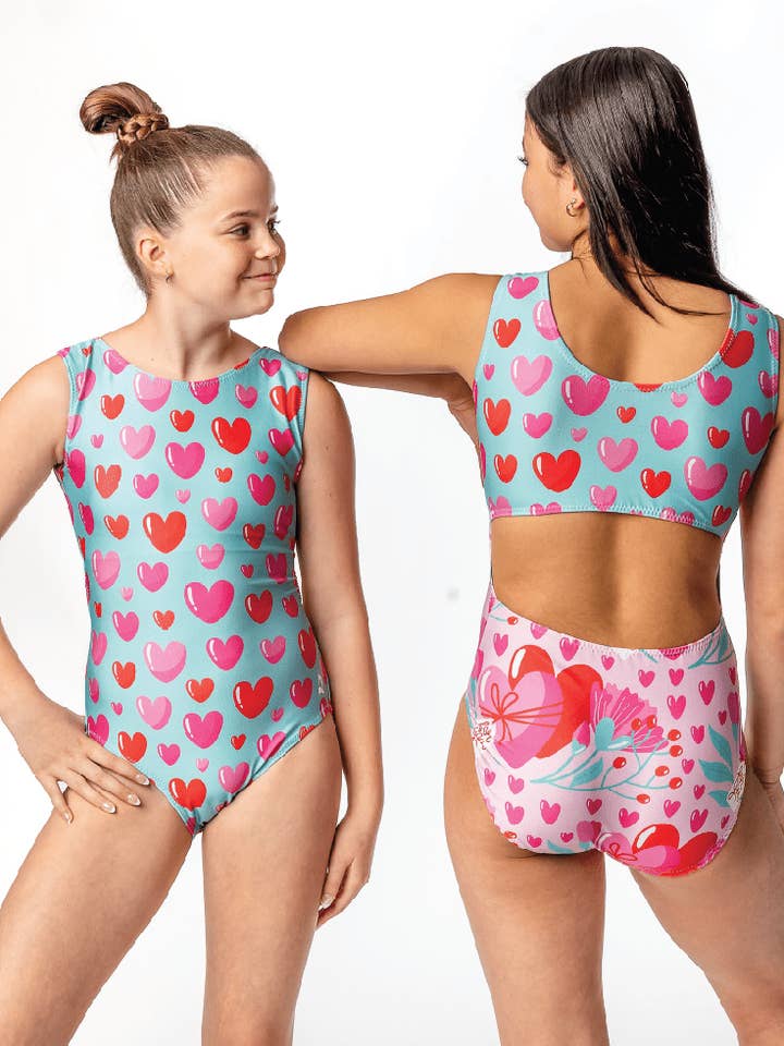 Love You More Vice Versa Gymnastics Leotard – Split Heart Print Dancewear for Girls for wholesale by Foxy's Leotards