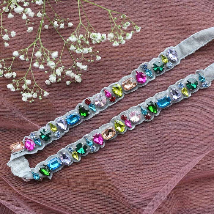 Bridal Embroidered Headband With Multi Colour Stones for wholesale by Elaa