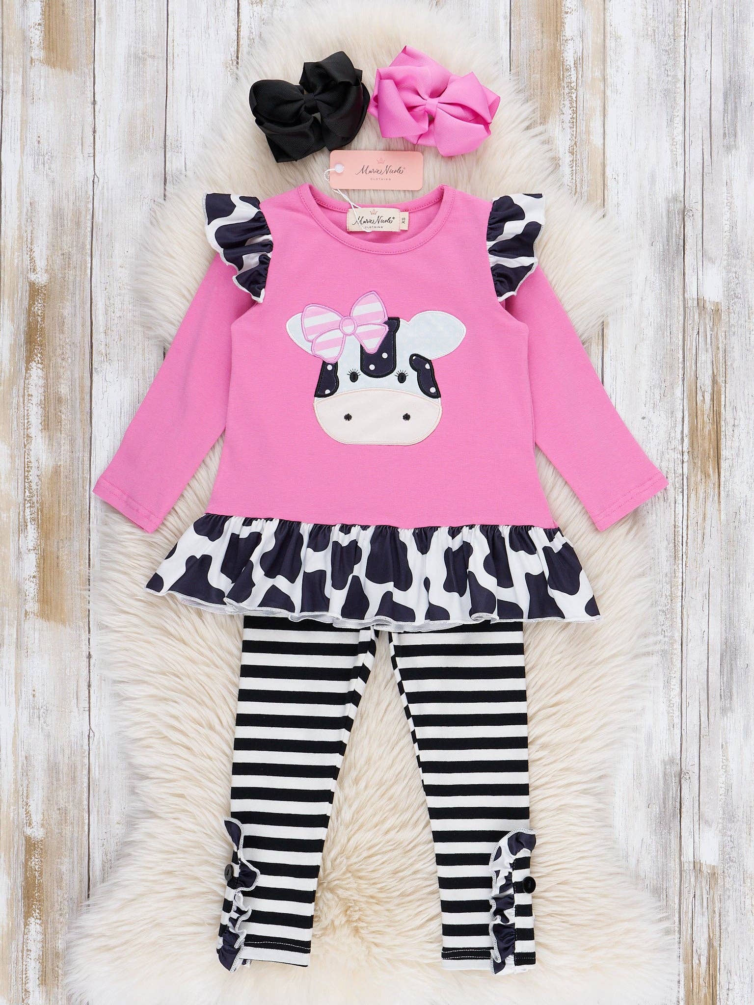 Marie Nicole Clothing - Wholesale Top & Pant Set - Kids - Lil’ Moo Ruffle Embroidered Cow Outfit0