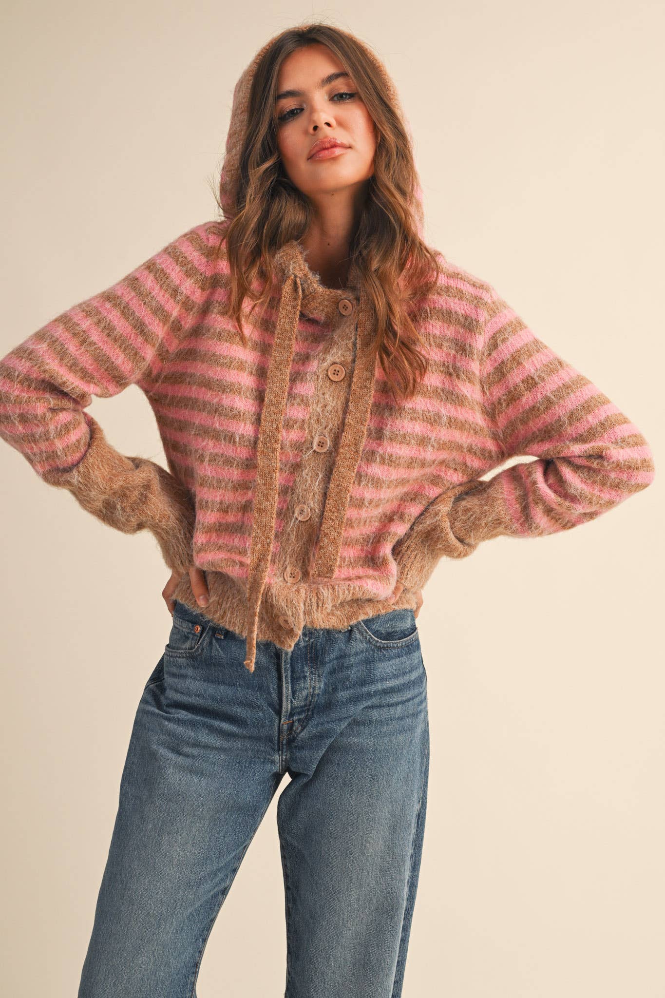 &MERCI - Wholesale Cardigan - Women's - STRIPED HOODIE SWEATER CARDIGAN MSW1106357