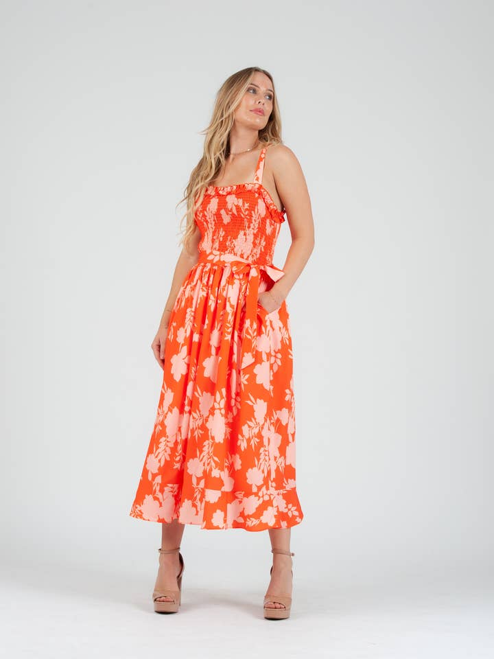 Robe midi smockée orange à fleurs pour femmes pour la vente par Lucca Couture
