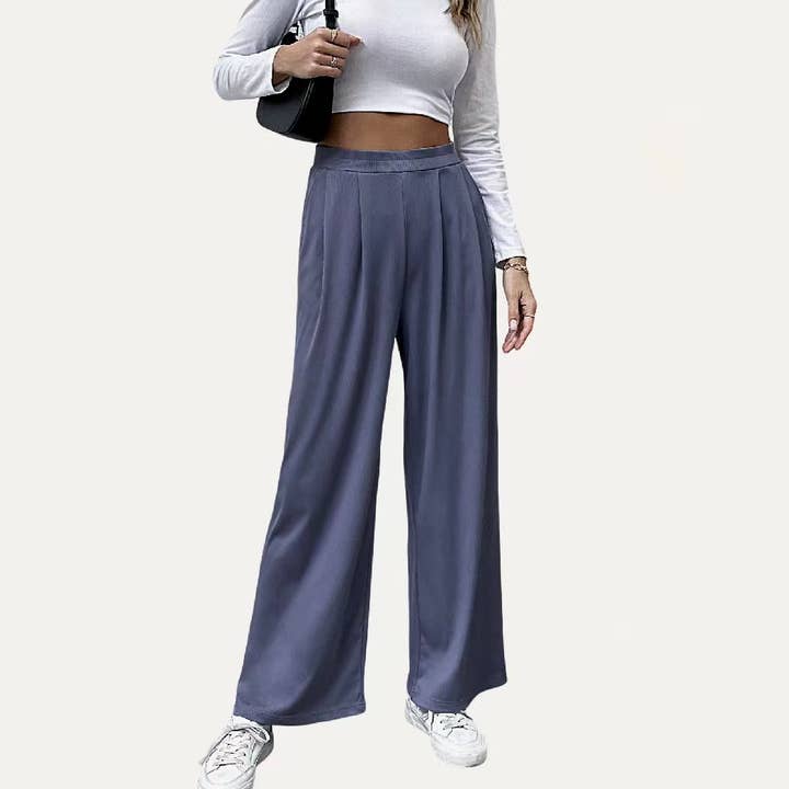 Chic Hazle Blue Ribbed Knit Wide Legs Pants for wholesale by The Moment Collection