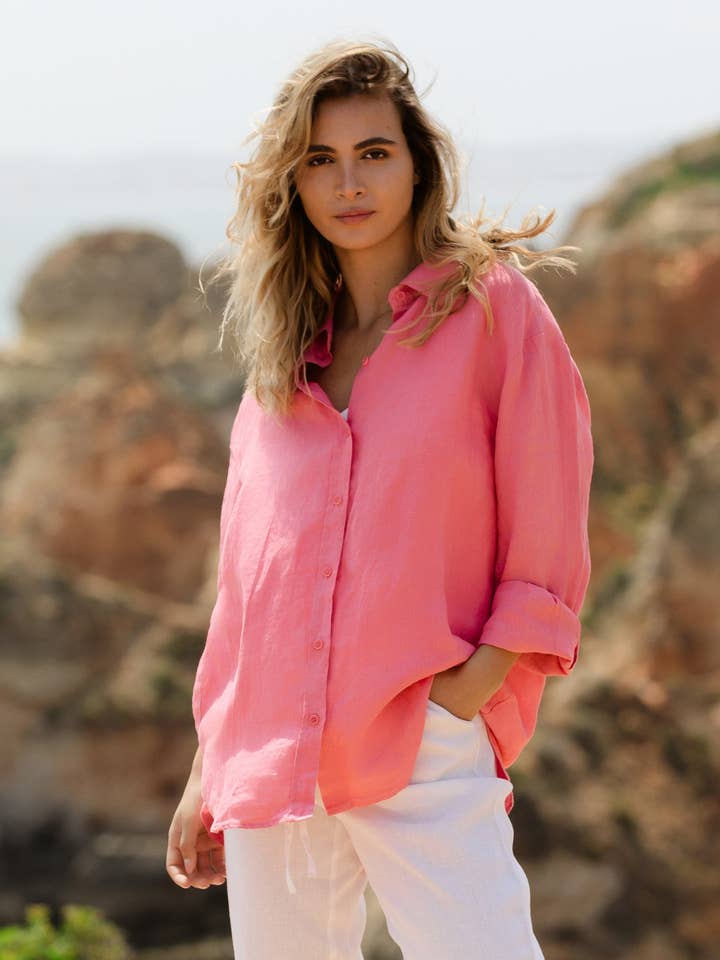 Long-Sleeve Linen Shirt CORSICA in Flamingo for wholesale by MagicLinen (We handle U.S. import procedures for you)
