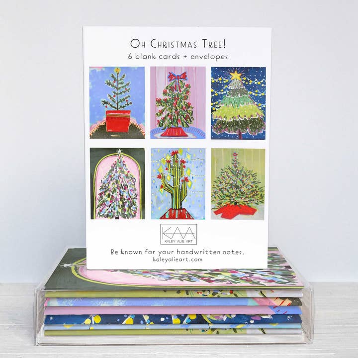 Oh Christmas Tree Assorted Greeting Cards for wholesale by Kaley Alie Art