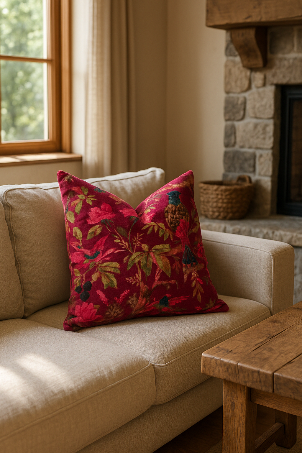 Glamthread - Wholesale Throw/decorative pillow - Maroon Velvet Cowhide Cushion with Bird Design1