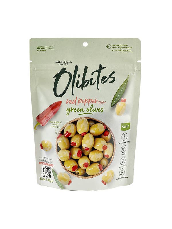 6 oz Red Pepper Stuffed Green Olives for wholesale by Olibites by Komili Family