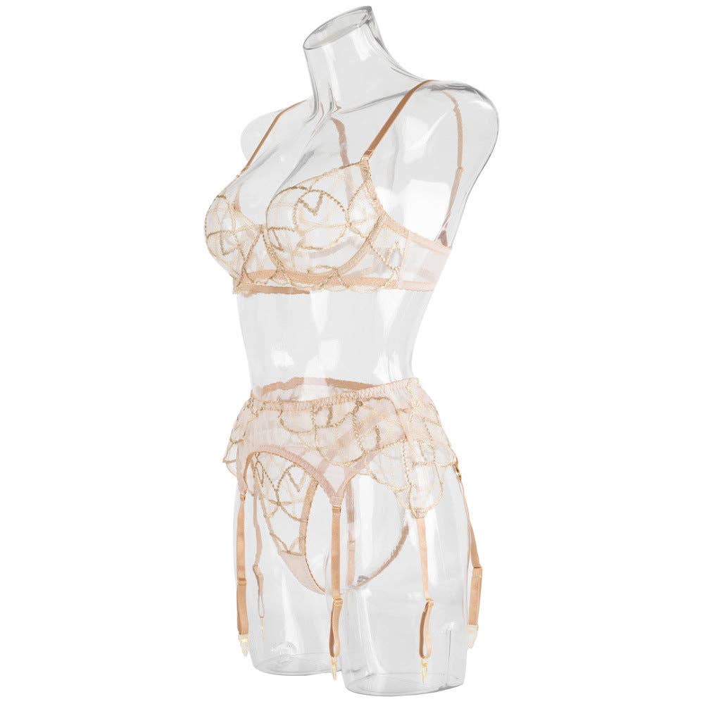 Sweetkama – Lingerie - Mulher por atacado – Conjunto de Lingerie Sweetkama com Cinta-Liga e Sutiã Nude Transparente16