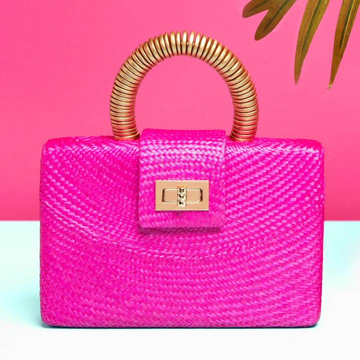 Pink Luxe Straw Clutch | Gold Bead Handle | Artisanal Luxe for wholesale by Soli & Sun