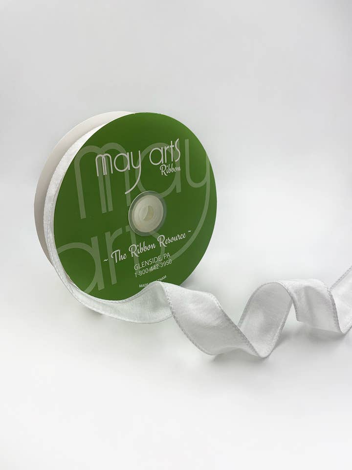 1″ Wired White Faux Dupioni Silk Ribbon for wholesale by May Arts Ribbon