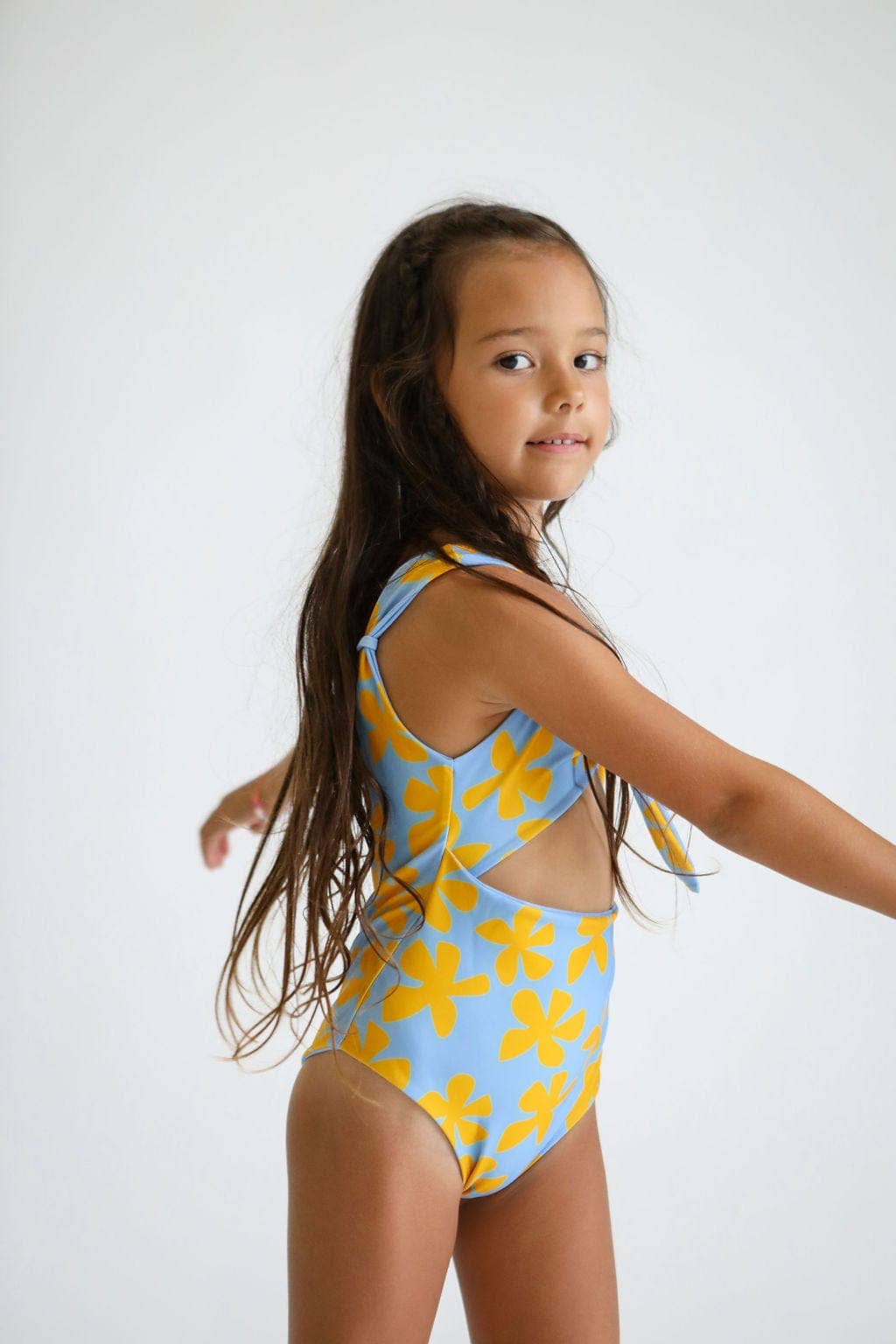 Girl's Cutout One Piece in Light Blue Plumeria for wholesale on Faire2