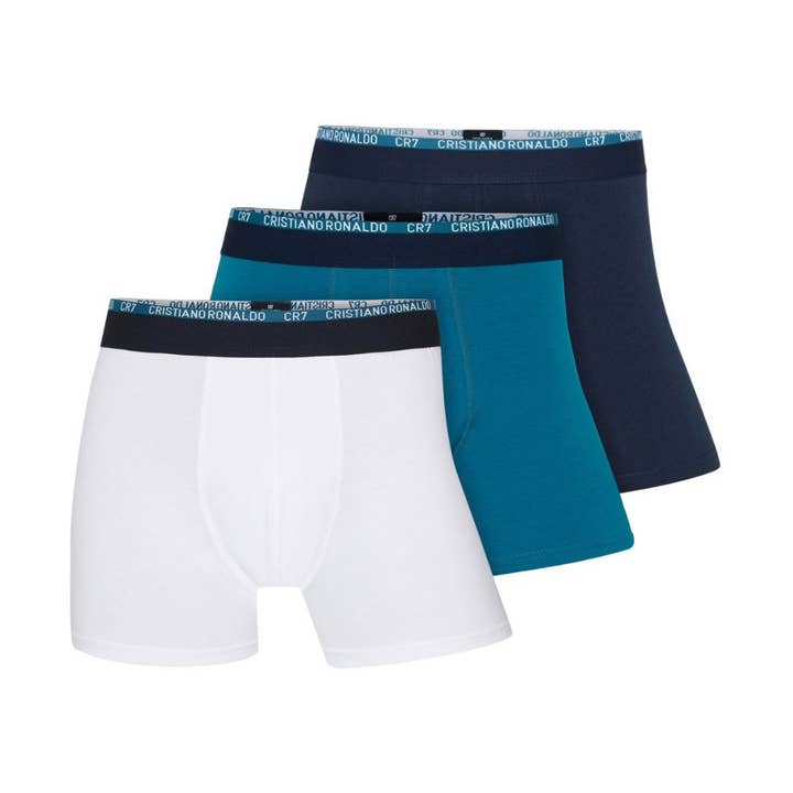 Set van 3 CR7 UNDERWEAR herenboxers – Biologisch katoen | Marineblauw, Blauw en Wit voor wholesale door CR7 Underwear