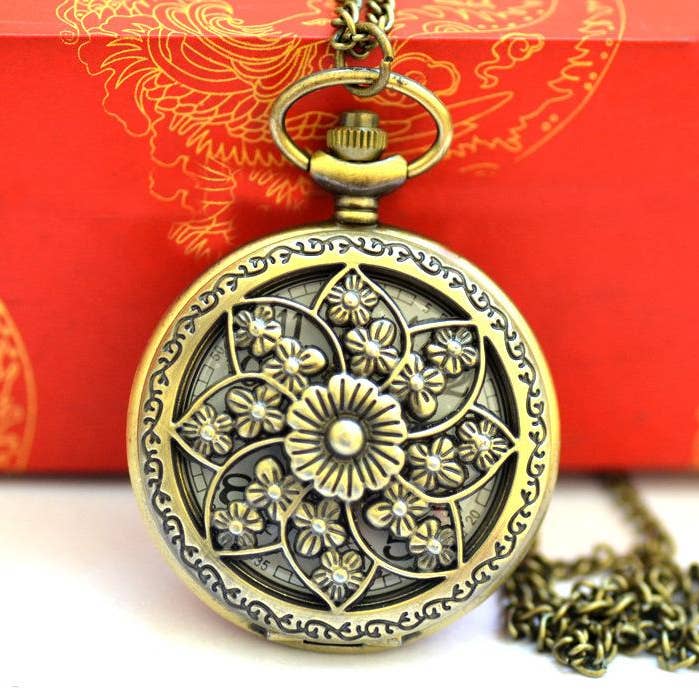 Antique Bronze Vintage Pattern Large Pocket Watch for wholesale by WoodWristCo