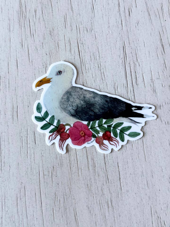 Beach Rose Seagull Sticker - Waterproof Vinyl Stickers for wholesale by MossyPathArt