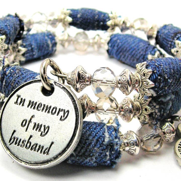 In Memory Of My Husband Blue Jean Beaded Wrap Bracelet Loss for wholesale by Chubby Chico Charms