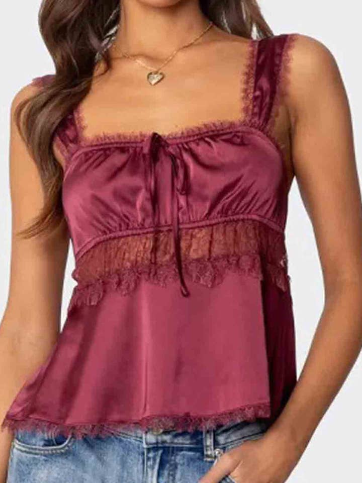 Ladies Solid Color Square Neck Lace Backless Babydoll Tank Top for wholesale by Sweetkama
