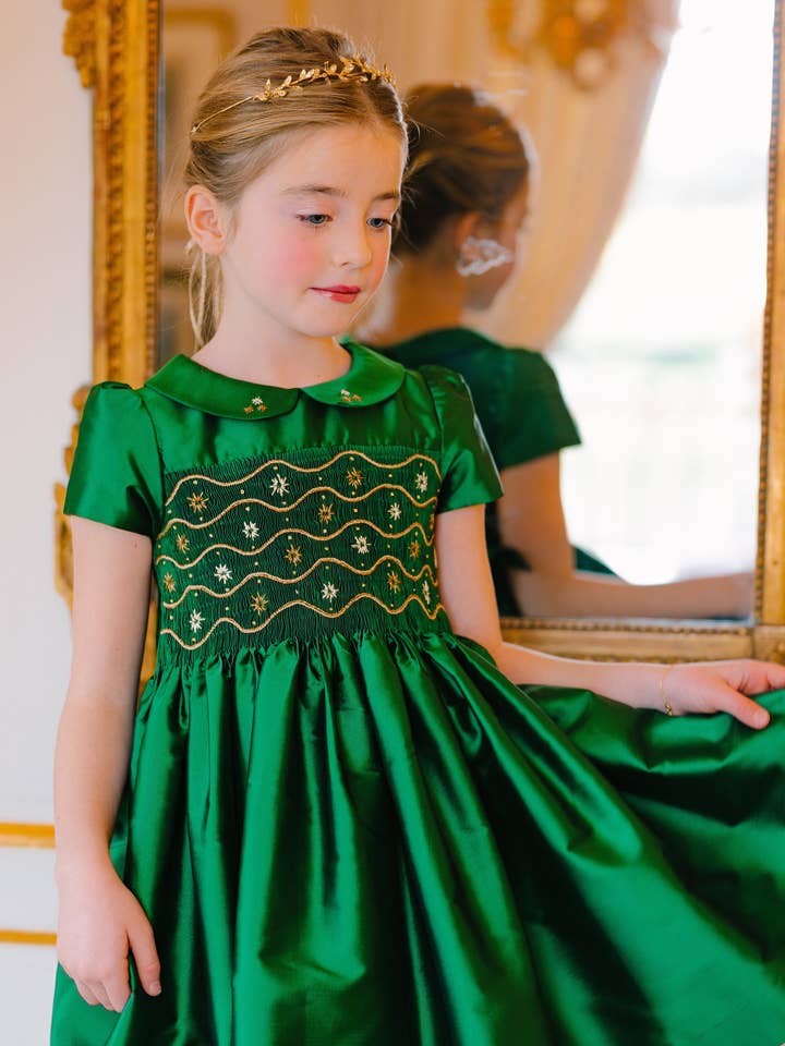 Stella Green Silk Short Sleeve Smocked Dress for wholesale by Antoinette Paris