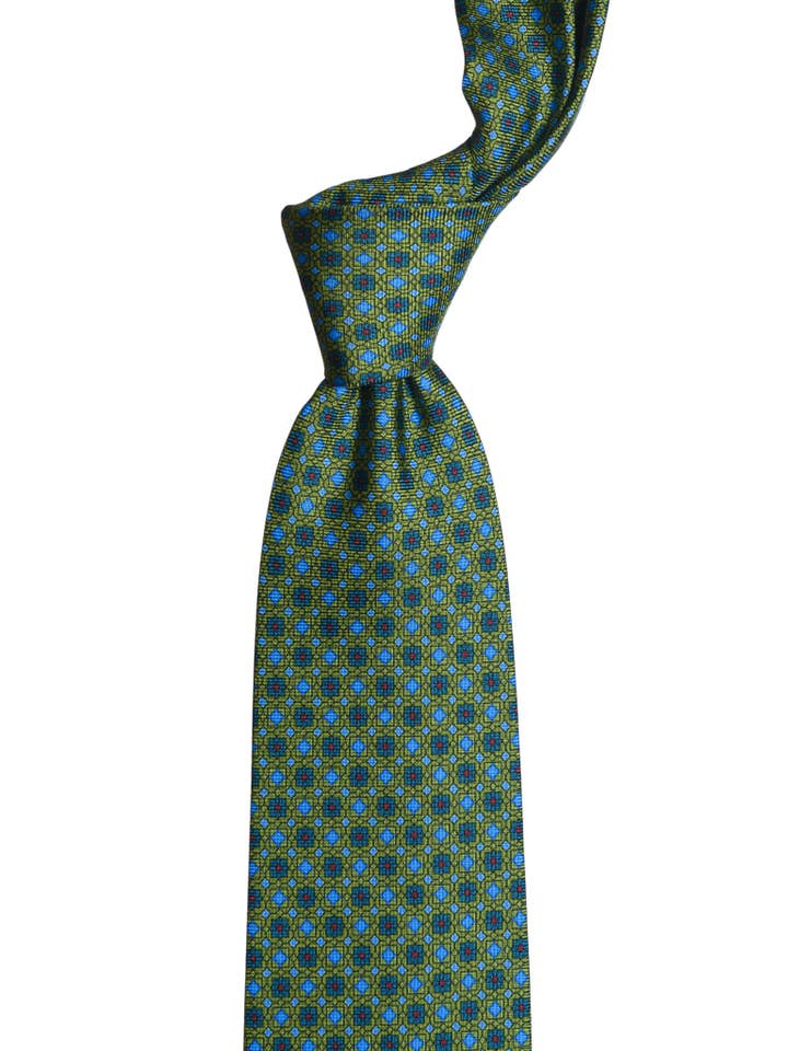 COULEUR DE LA CRAVATE : VERT FOUGÈRE, MOTIF FLORAL ET DIAMANT, BLEU pour la vente par Sartoria Gallo S.r.l.