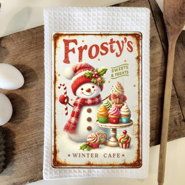 Frosty's Christmas Cafe Waffle Weave Dish Towel Tea Towel for wholesale by Prairie Chicken Sticker Shop & Gifts