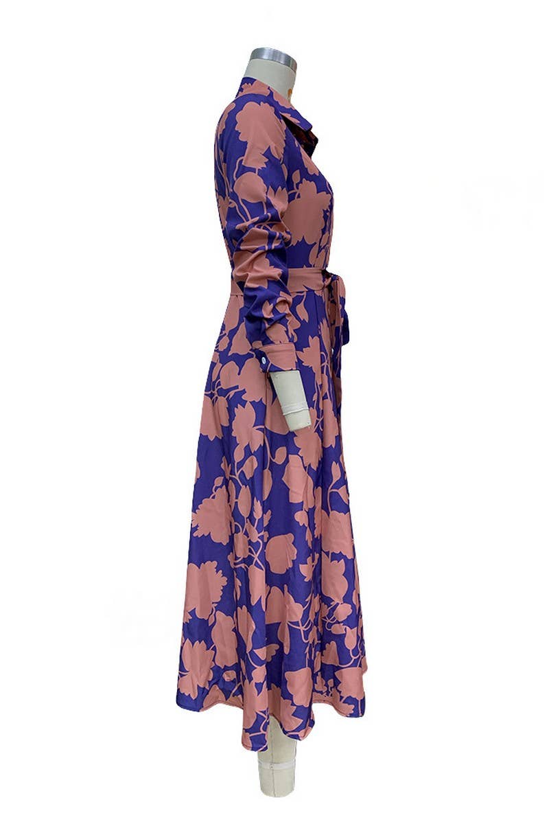 POURPRE CWDMD01365_ROBE ÉLÉGANTE IMPRIMÉE À MANCHES LONGUES ET MI-LONGUE en vente sur Faire5