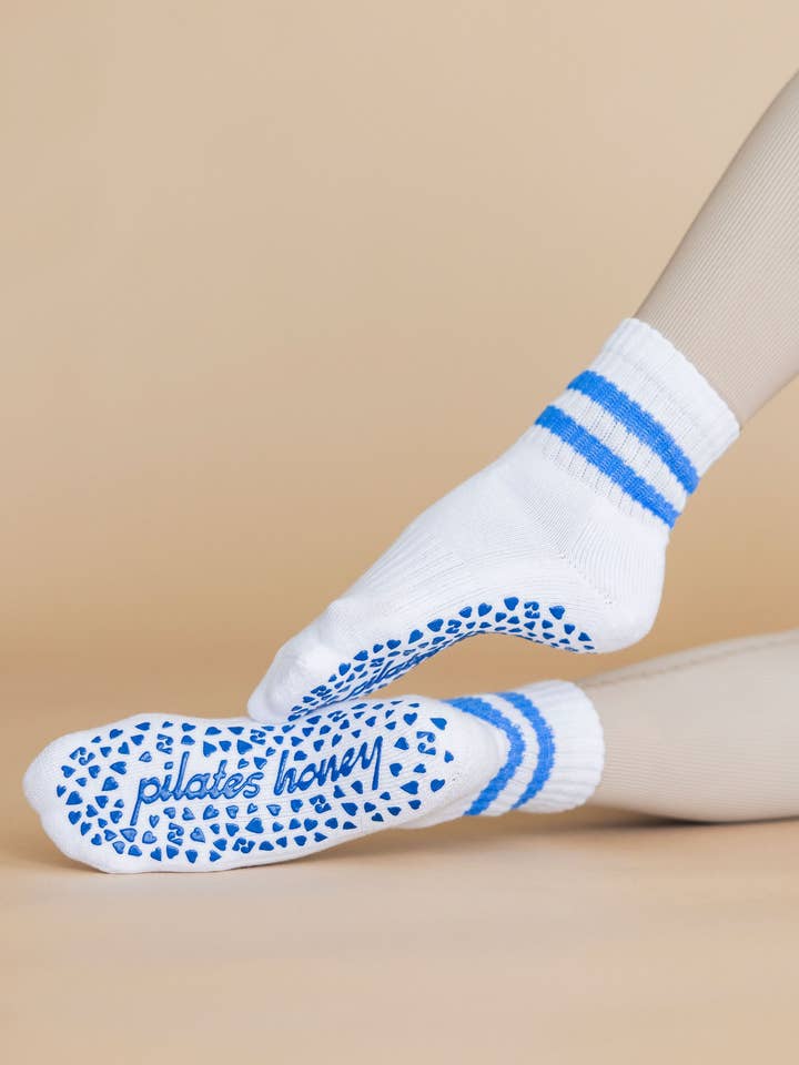 Riviera Blue Stripe Vintage Short Crew Grip Sock for wholesale by Pilates Honey