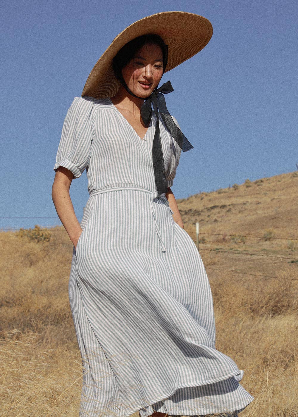 Atèlette - Wholesale Dress - Women's - Striped Cotton Gauze Midi Wrap Dress - Pemberley Dress