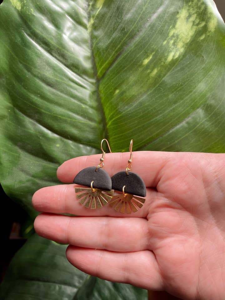 Sunburst earrings, Witchy Earrings, celestial earrings, brass jewelry, sun earrings, soleil earrings, black and brass jewelry for wholesale by Manette Design Co