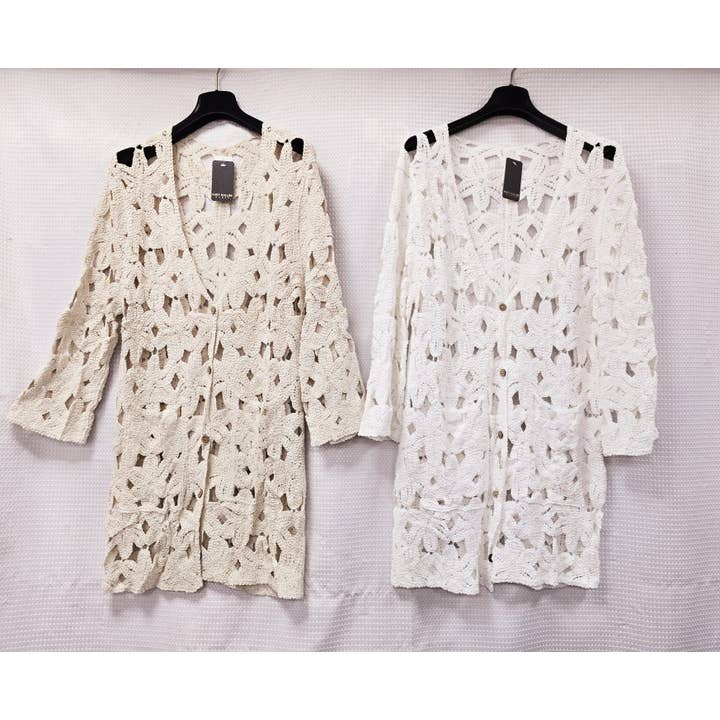 Kurt Muller - Wholesale Cardigan - Women's - Long Crochet Cotton 2 Pocket Cardigan