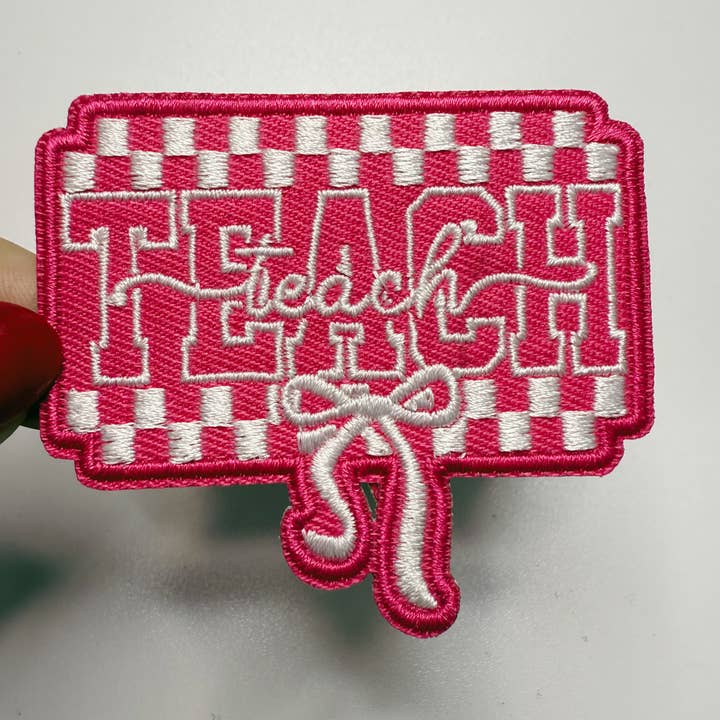 TEELUX - Wholesale Patch - 2.5" PINK TEACH w bow - Embroidered Hat Patch1