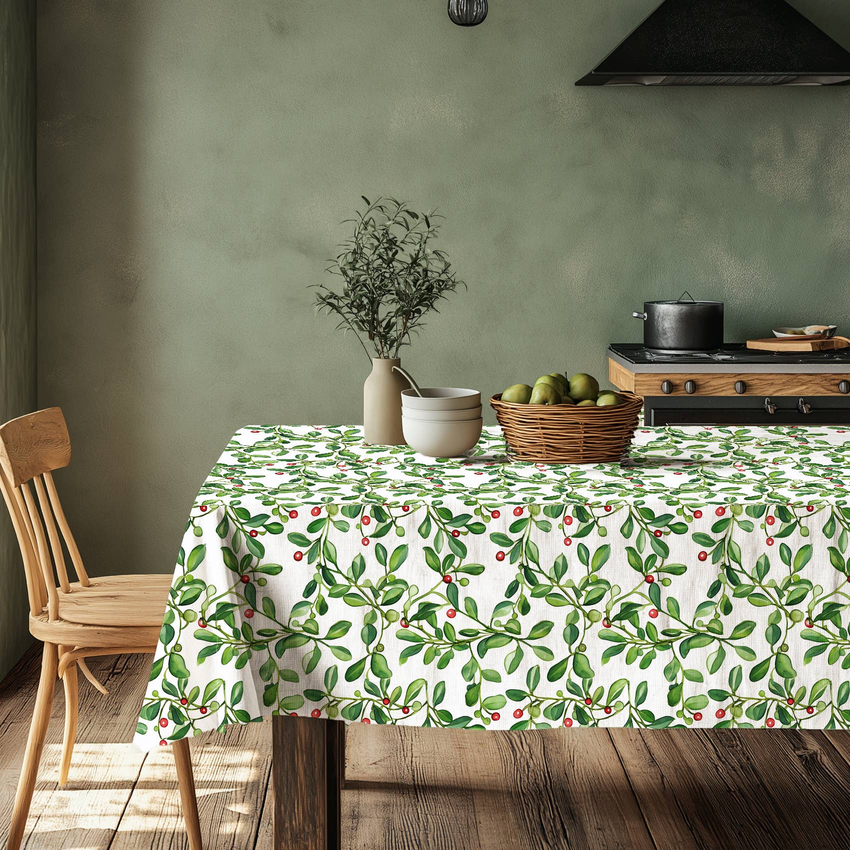 NorraVilla - Wholesale Tafelkleed - 100% Linnen Tafellaken maretak Groen - Kersttafel0