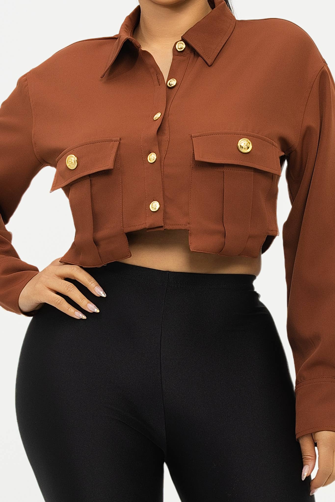 Julia by LoveJ - Vente Chemise à col boutonné – femme - Haut à boutons devant avec poches surdimensionnées9