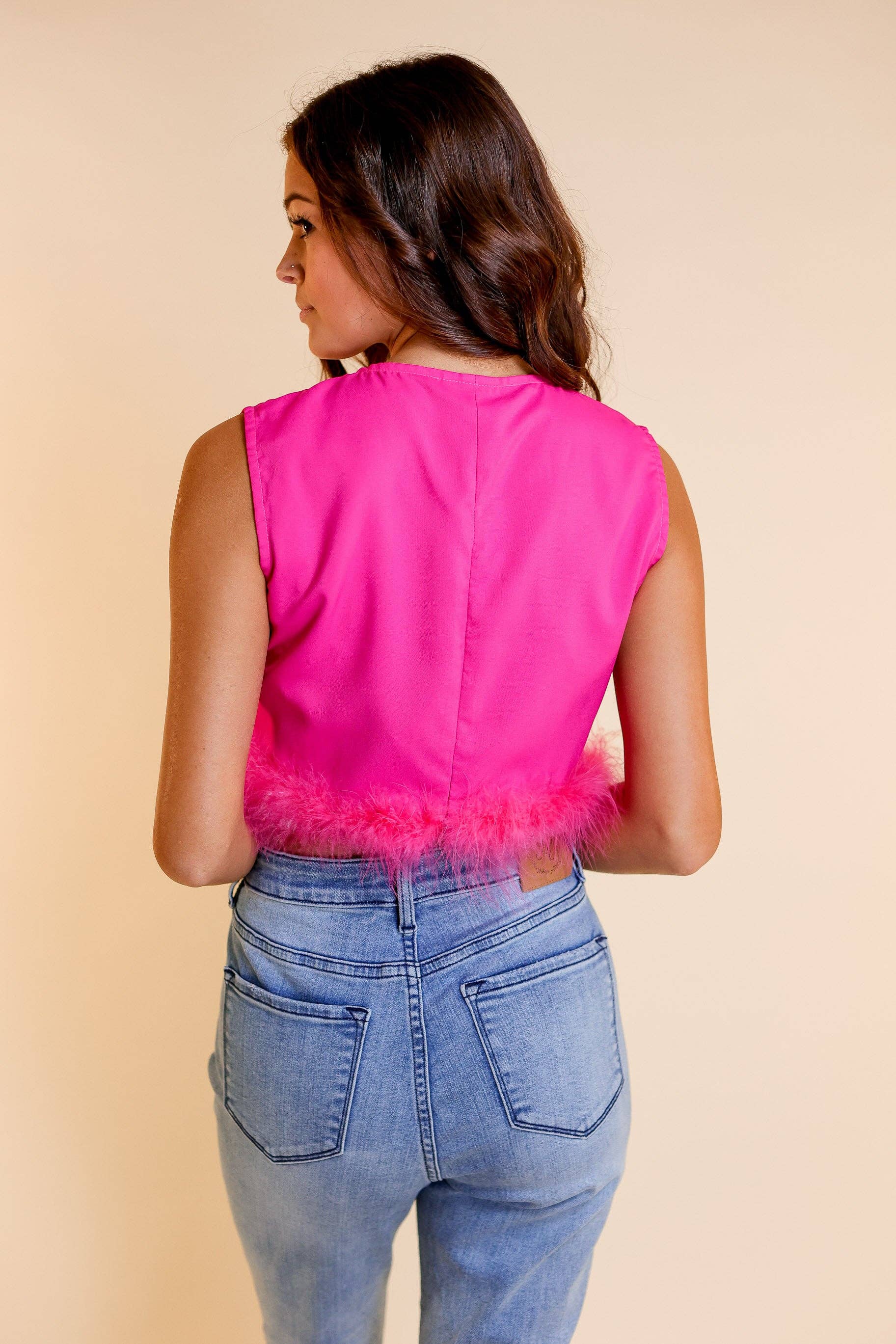 Feather or Not Sequin Crop with Feather Trim, Hot Pink for wholesale on Faire7