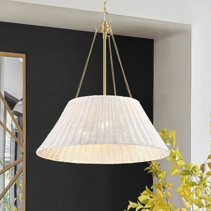Farmhouse Chandelier 22" 3-Light Brass White Rattan Shade for wholesale by Brio Lighting