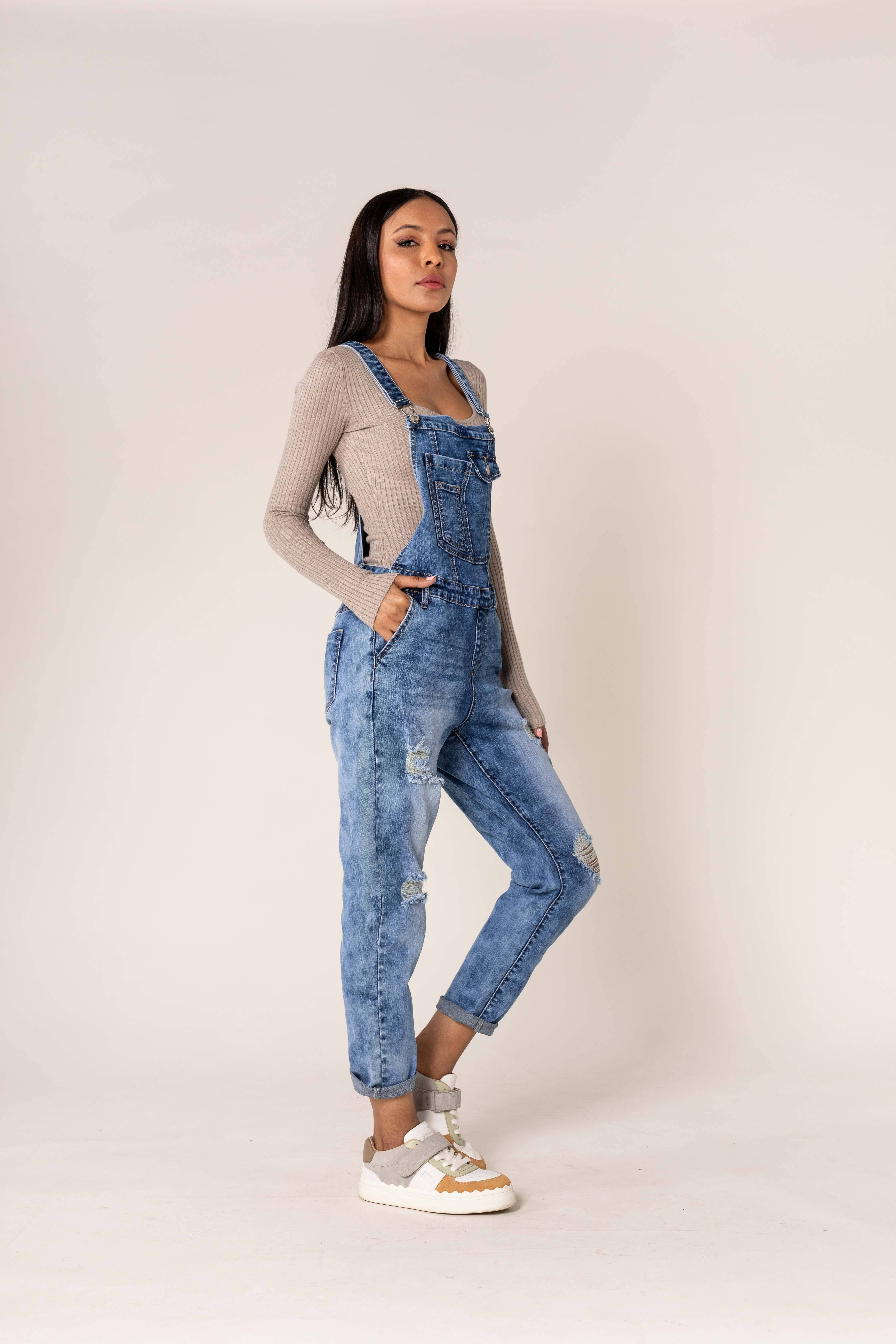 Nina Carter - Wholesale Overalls - Women's - Destroy denim overalls in wide stretch boyfriend jeans S5352