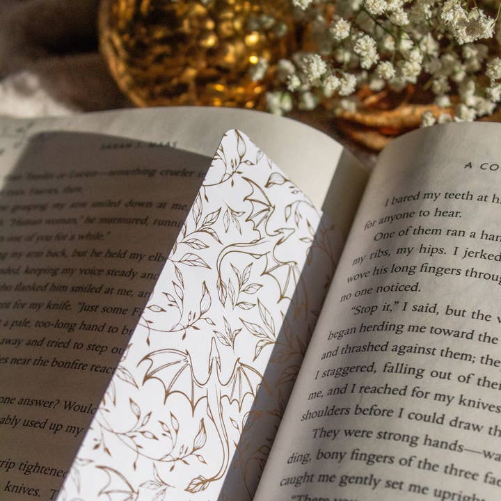 Meaggie Moos - Wholesale Bookmark - Gold Foil and White Floral Dragons Bookmark | Soft Touch