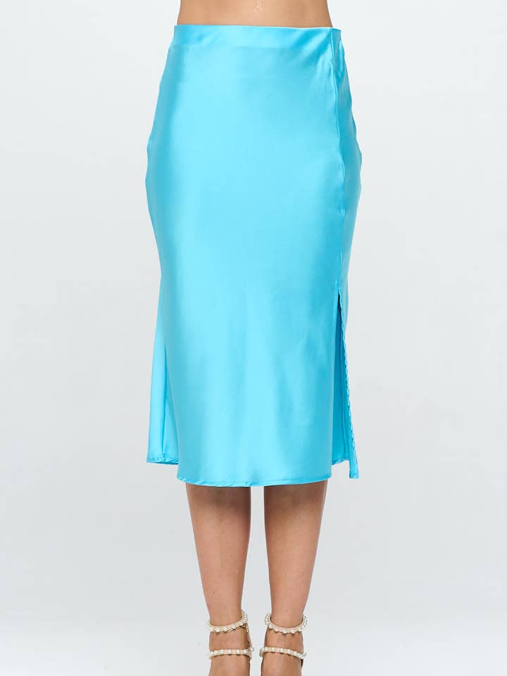 Made in USA Solid Satin Midi Skirt with Slit for wholesale by Renee C.
