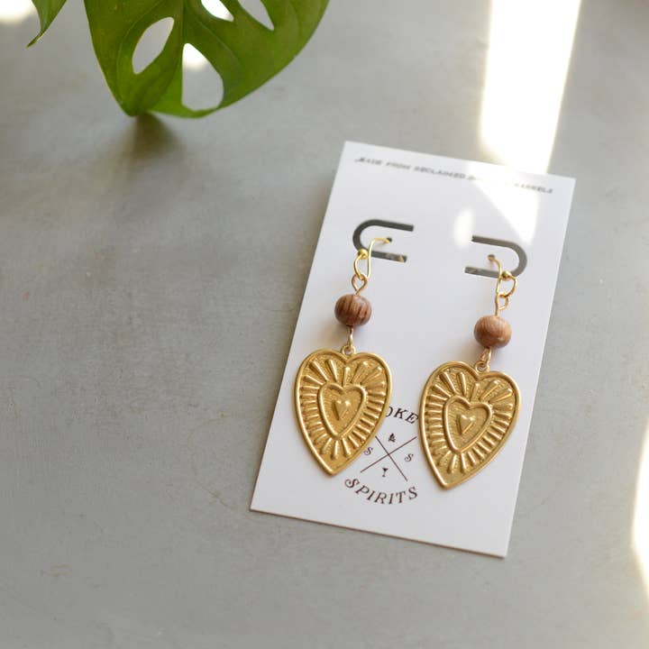 Smoke & Spirits - Wholesale Dangle Earrings - Bourbon Barrel & Printed Heart Valentine Brass Earrings0