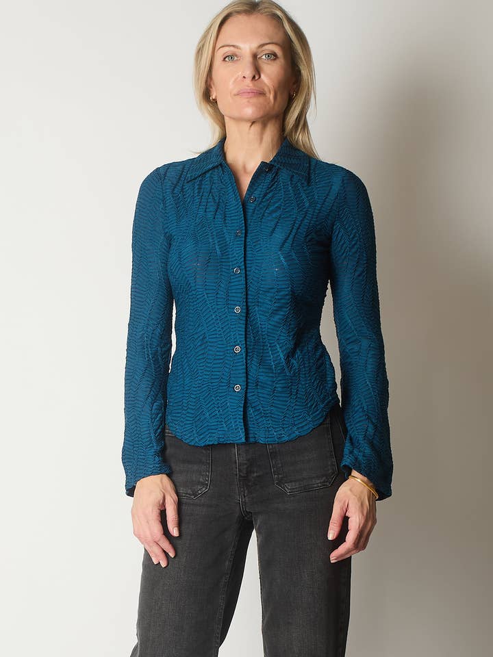 Textured Shirt with Flared Cuffs - Blue for wholesale by SOLO