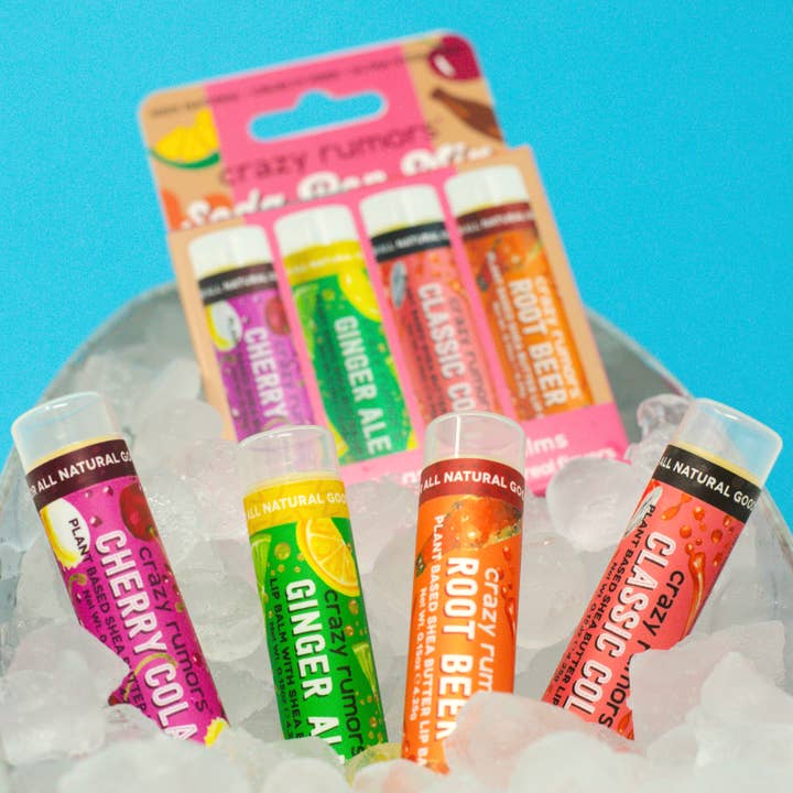 Crazy Rumors - Wholesale Lip Balm Set - All Natural, Vegan Soda Pop Mix - 4 Pack Lip Balm Gift Box