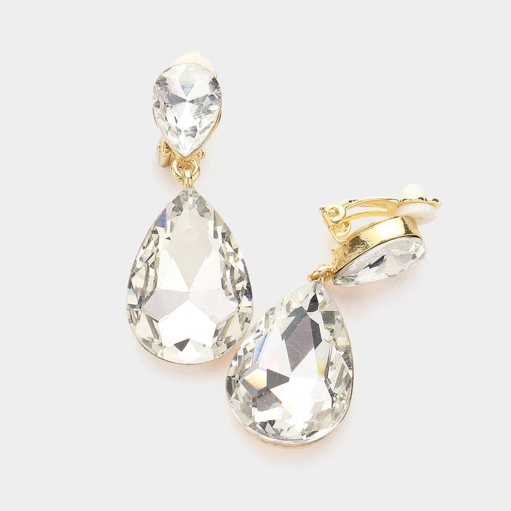 Madeline Love - Wholesale Clip-On Earrings - Double Teardrop Stone Link Clip on Evening Earrings3