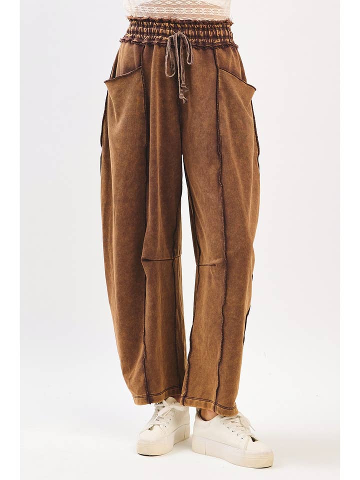 MINERAL WASH CONTRAST STITCH PULL ON BARREL PANTS for wholesale by mittoshop