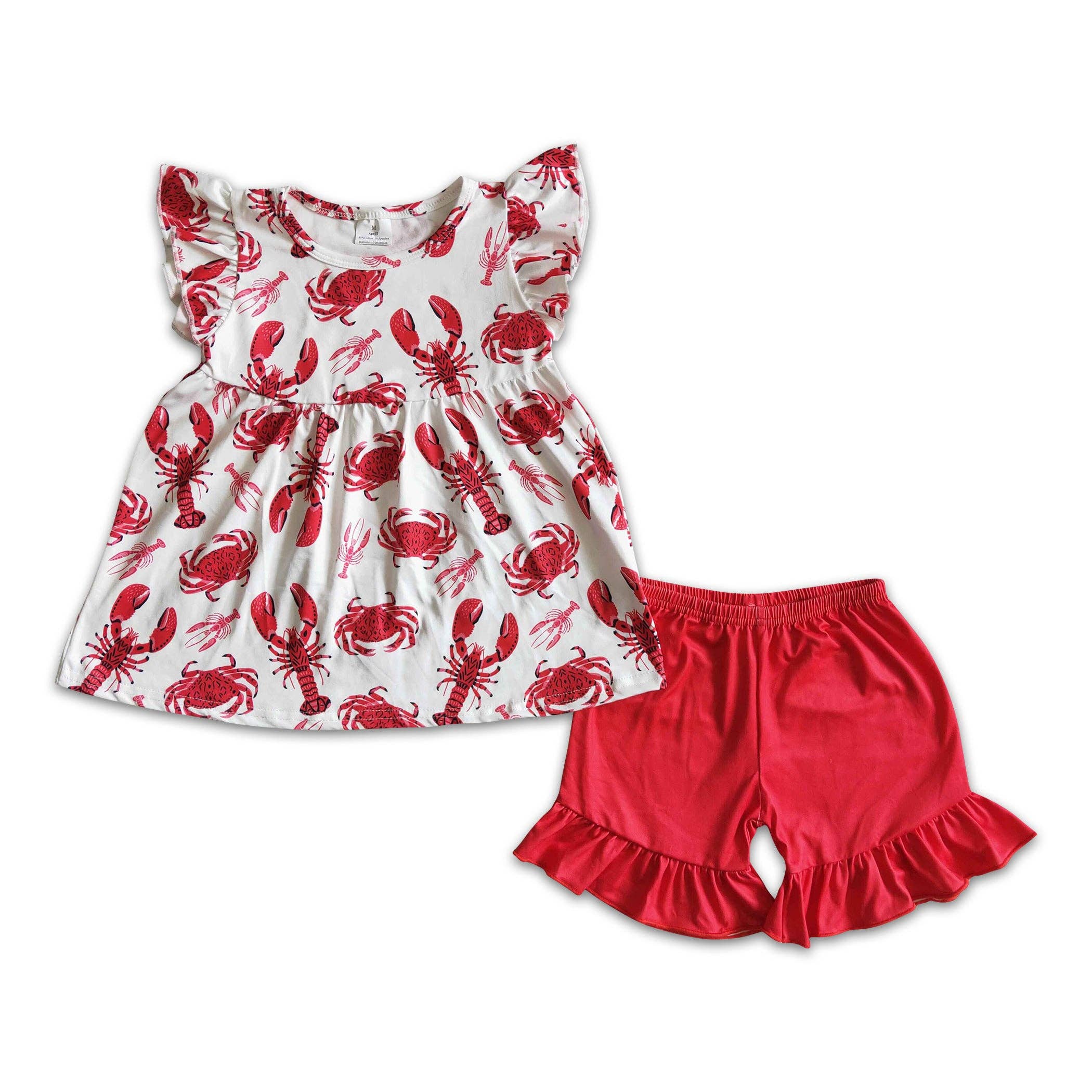 Yawoo Garments - Vente Ensemble haut et short – enfant - Short rouge à manches volantées à imprimé écrevisses et crabes pour filles0
