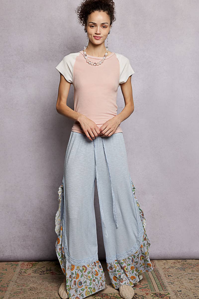 Pol Clothing - Wholesale Pants - Women's - Floral Pattern Ruffle Detail Ribbed Knit Pants3