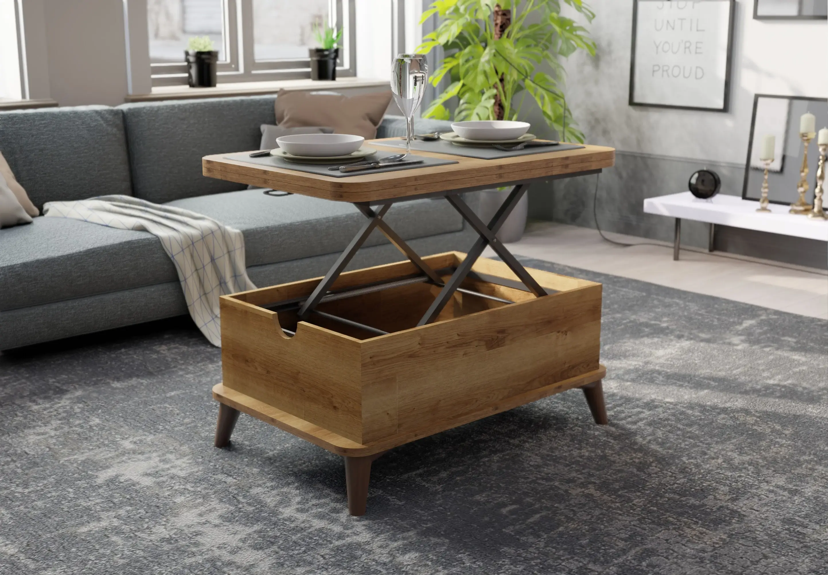 BERA DESIGN LTD – Großhandel Couchtische – Magic Walnut ausziehbarer Couchtisch und Esstisch mit Lift-Top und Stauraum6