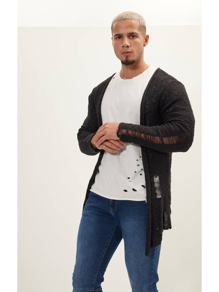 Men's Grunge Long Cardigan - Black for wholesale on Faire