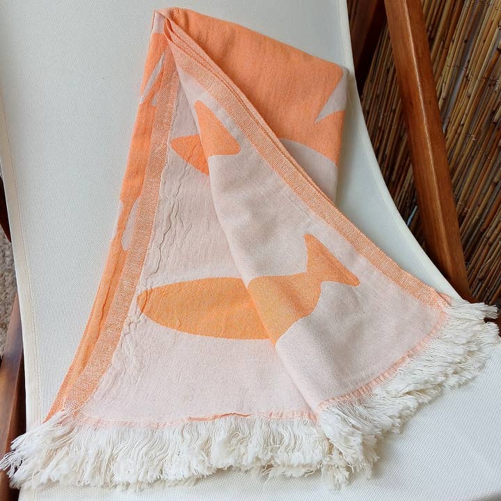 KASALUZ - Vente Serviette de plage - Fouta Poissons Orange Jacquard 100% coton